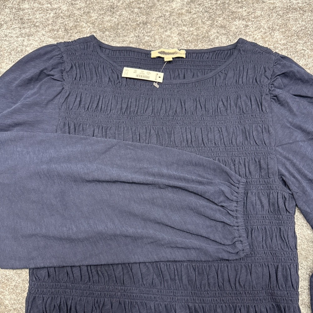 NEW Madewell Smocked Boatneck Top women's XS navy puff sleeves ruffle hem NY504‎